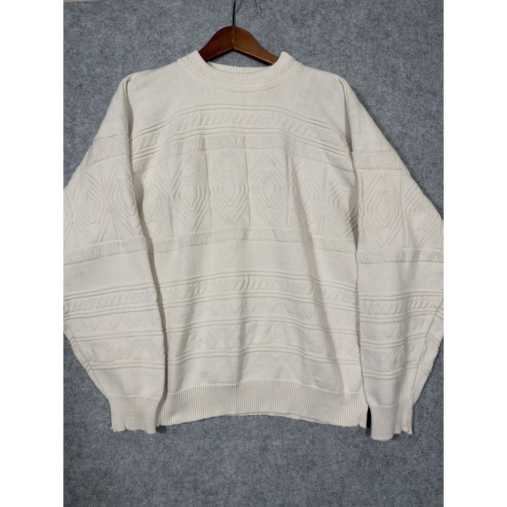 Vintage Cotton Sweater Mens XL Cream Geometric Textured Knit Made in Canada